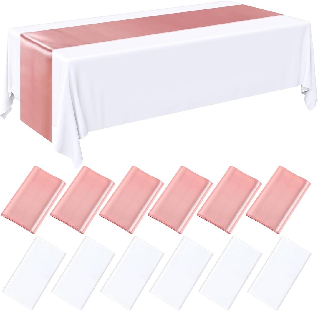 Tudomro 12 Pcs White and Rose Gold Disposable Plastic Tablecloths and Satin Table Runner Set, 54 x 108 Inch Tablecloth, 12 x 108 Inch Table Runners for Wedding Baby Shower Birthday Party