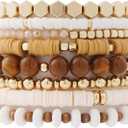 GOOJIDS Surfer Heishi Clay Bead Bracelets for Women Bohemian Stackable Gold Beaded Stretch Bracelets Elastic Layering Friendship Bracelets Set Boho Jewelry (X-Light Brown Set)