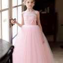 Flower Girls Tulle Wedding Dress A Line Long Formal Pageant Princess Birthday Party Ball Gown Bridesmaid Dresses (Pink)