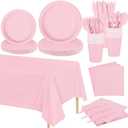 169 Pieces Light Pink Party Supplies Disposable Dinnerware Set Include Plates and Cups Napkins Plastic Forks Knives Spoons Tablecloth for Wedding Birthday Party Decorations, Serve 24 Guests