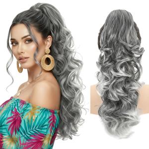 Claw Clip Grey White Ponytail Extension for Women Long Wavy Pony Tails Hair Extensions Fluffy Natural Looking 24 Inch hair extensions ponytail for Daily Use