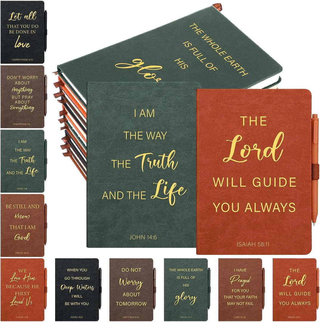 Thenshop 20 Pcs Christian Gifts Bulk 10 Black Brown Leather Christian Journals for Men Women Bible Leather Notebooks with 10 Black Brown Pen Inspirational A5 Prayer Journal for Men Women Church Gift