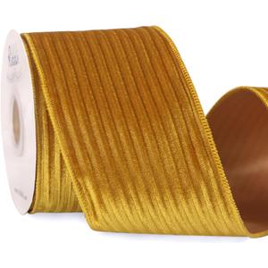 Ribbli Glossy Gold Velvet Wired Ribbon 4 Inch Striped Velvet Christmas Ribbon for Gift Wrapping Christmas Tree Decoration Crafts Wreaths Supplies-Continuous 10 Yards