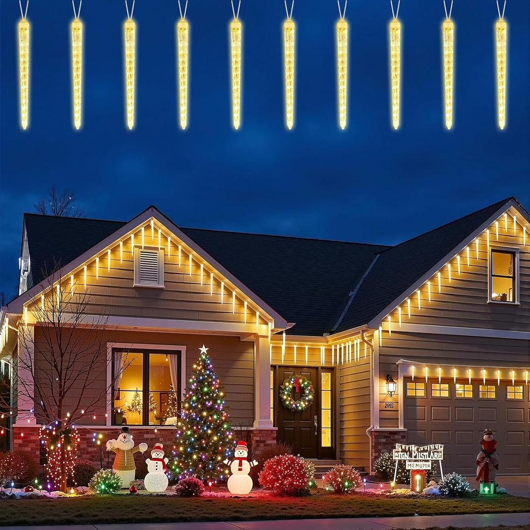 Brightown Christmas Icicle Lights Outdoor, 19.8Ft with 20 Large Tube 480 LED Meteor Shower Dropping Effect, Waterproof Icicle Lights Christmas Decorations for House Eave Roofline, Warm White