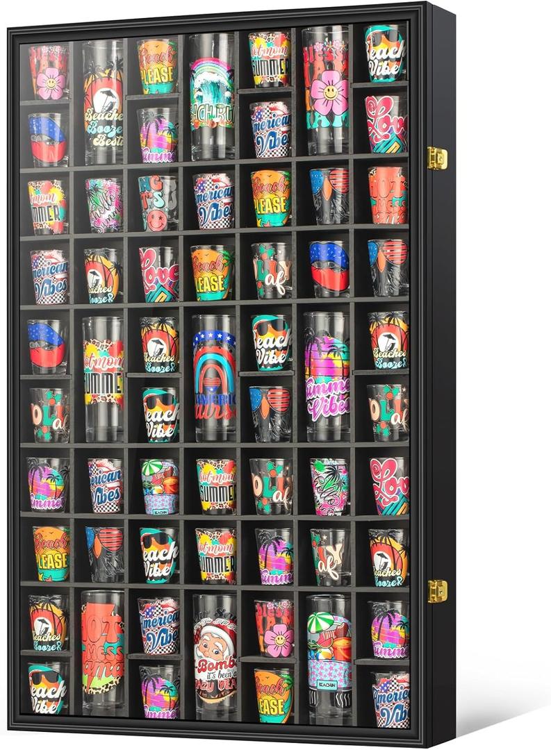 Shot Glass Display Case 61 Slots Large Capacity Holder with HD Acrylic Front 98% UV Protection Solid Wooden Wall Mounted Cabinet for Shot Glass Collection