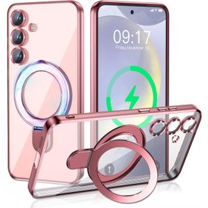 Magnetic Stand & Full Camera Lens Protector Case for Samsung Galaxy S24 Plus [Compatible with MagSafe][Military Drop Protective]Not Yellowing Clear Slim Soft S24 Plus Phone Case for Women Men,Pink