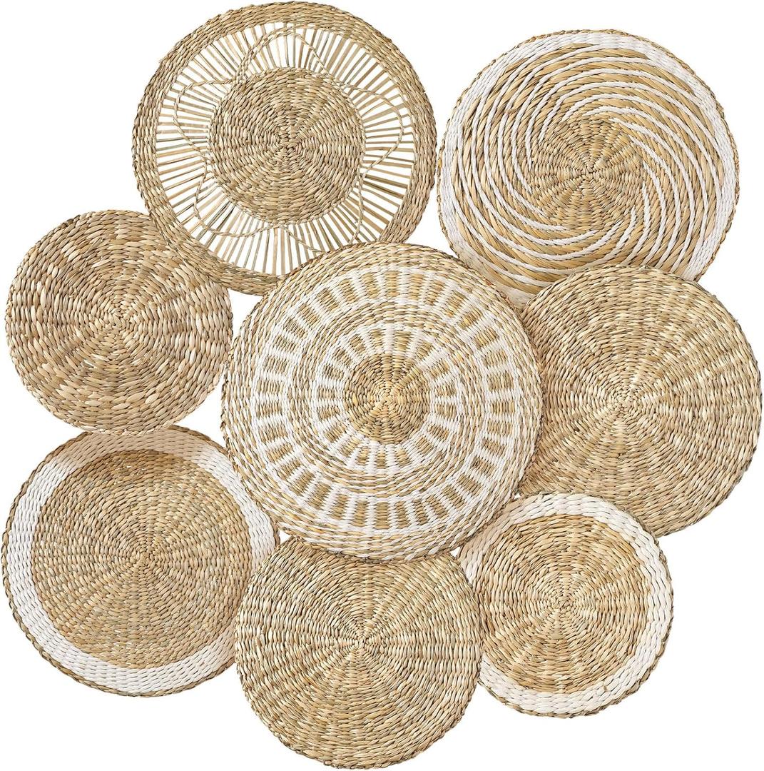 Xuhal 8 Pcs Boho Wall Basket Decor Decorative Bulrush Woven Basket Wall Decor Rustic Farmhouse Hanging Baskets for Kitchen Rustic Home Summer Decorations