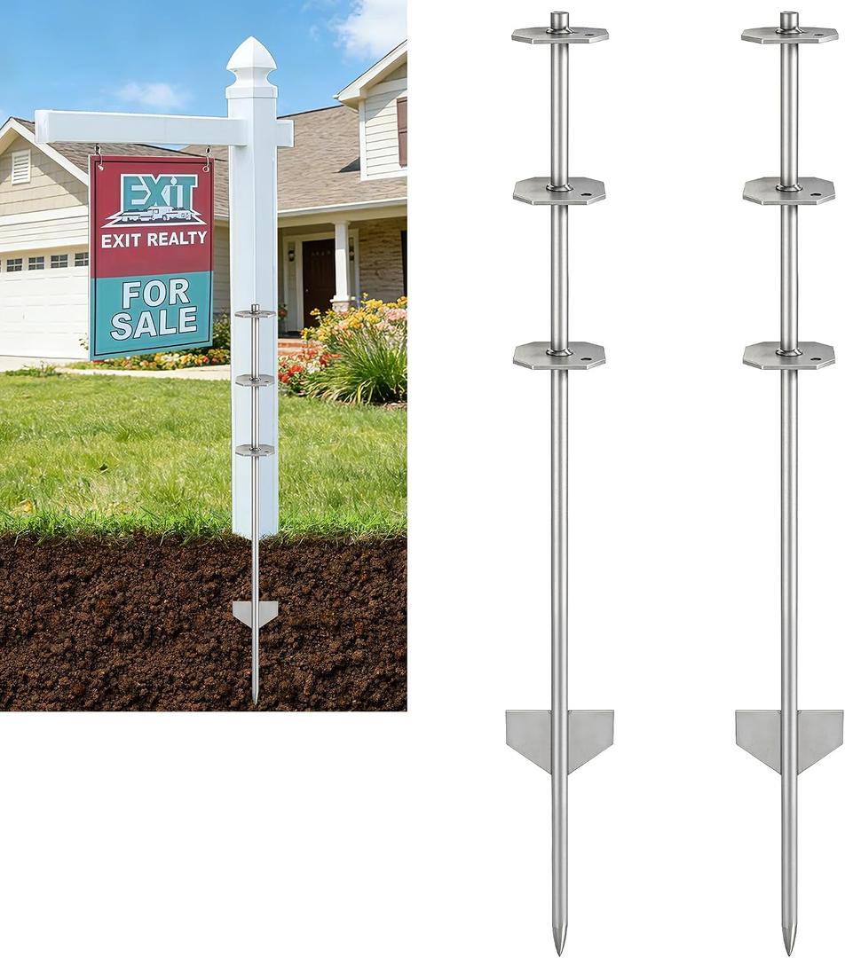 2 Pack 40in Heacy Duty Metal Yard Sign Stakes for Real Estate Sign Posts, Mailboxes, Long Yard Sign Holder Easy Installation Sign Post Stake for Pipes Less Than 3.7", Silver