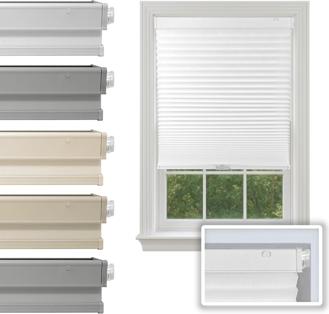 BlindsAvenue No Drill Cordless Cellular Shade, White, 26" W x 48" H | Light Filtering Pull Down Blinds for Indoor Windows, Thermal Insulation, Noise Reduction Honeycomb Shades for Home Privacy, White