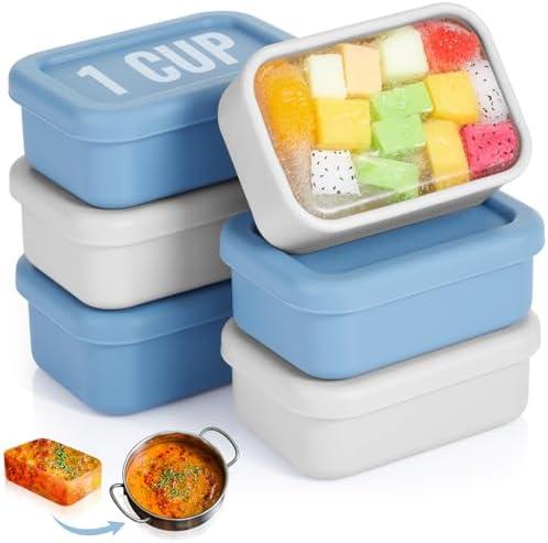 Teenyyou 6 Packs 1 Cup Silicone Soup Freezer Molds with Lid Silicone Soup Freezer Trays Rectangle Reusable Food Preserving Tray Freezing Sauces Stews(Dark Blue, Gray)
