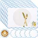 Set of 12 Lemon Cotton Linen Placemats Coaster, 12 x 17 Heat Resistant Embroidery Scalloped Placemats, 4" Summer Kitchen Coaster Double Layered Rustic Dinner Table Decoration(White and Blue)