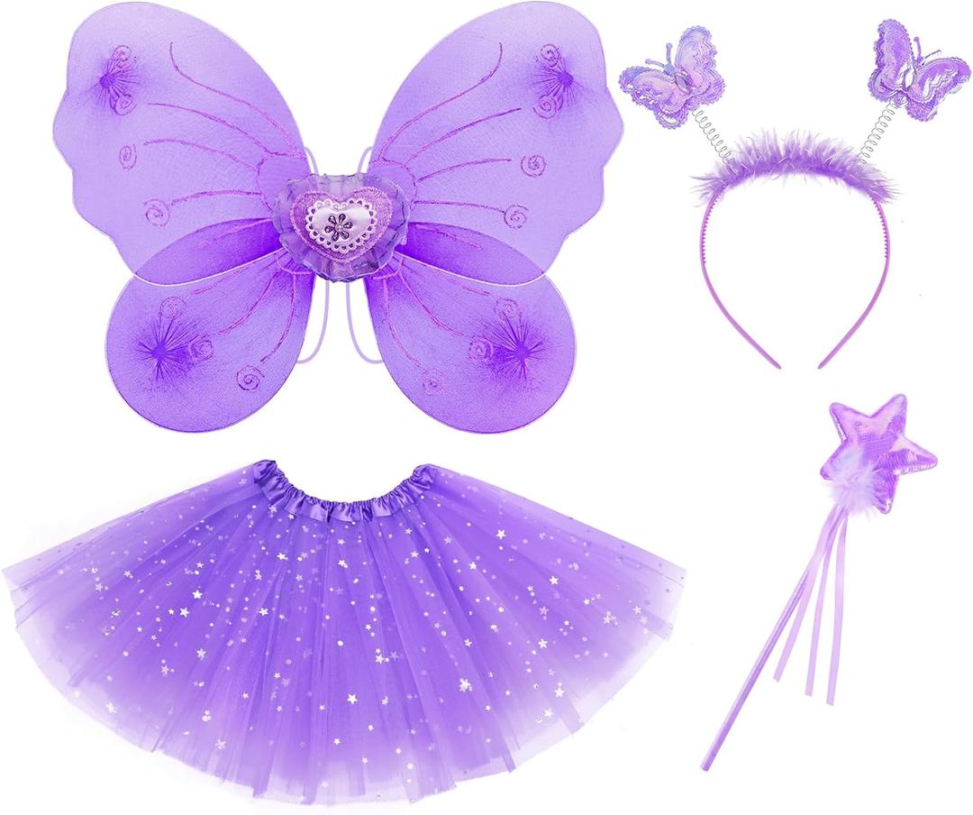 VEKDA 4 Pack Fairy Costume for Girls Butterfly Wings Kids Princess Costume Set with Tutu Skirt,Headband,Fairy Wings and Wand (Purple) VEKDA 4 Pack Fairy Costume for Girls Butterfly Wings Kids Princess Costume Set with Tutu Skirt,Headband,Fairy Wings and Wand (Purple)