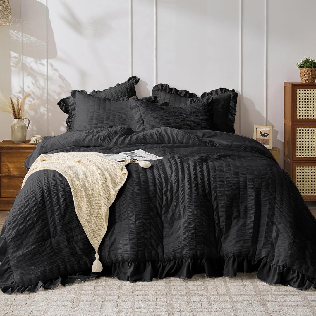 JOLLYVOGUE Black Queen Comforter Set, 3 Pieces Seersucker Comforters Queen Size, Lightweight & Fluffy Bedding Sets Queen for All Season with 1 Ruffle Comforter and 2 Ruffle Pillowshams