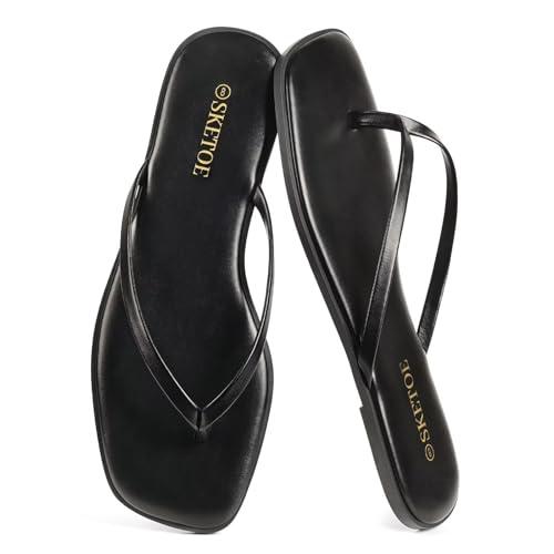SKETOE Flip Flops for Women Square Toe Flat Sandals for Women Comfortable Thong Sandals Leather Flip Flops Lightweight Summer Beach Sandals Dressy Vacation Essentials Slides, Black 5.5