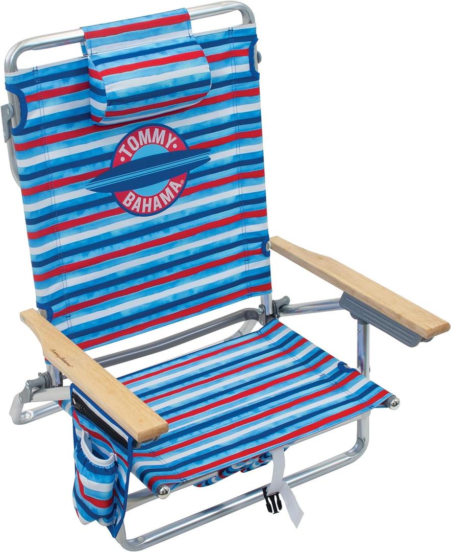 Tommy Bahama 5-Position Classic Lay Flat Folding Backpack Beach Chair, Aluminum, Red, White, and Blue Stripe, 23" X 25.25" X 31.5"