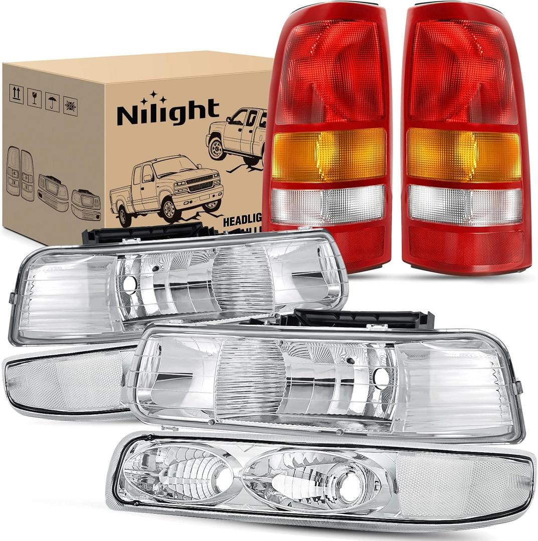 Nilight Headlight and Taillight Assembly Combo Compatible with 1999 2000 2001 2002 Chevy Silverado 1500 2500 1500HD 2500HD Fleetside only OE Style Chrome Housing Clear Reflector with Red Tail Lights