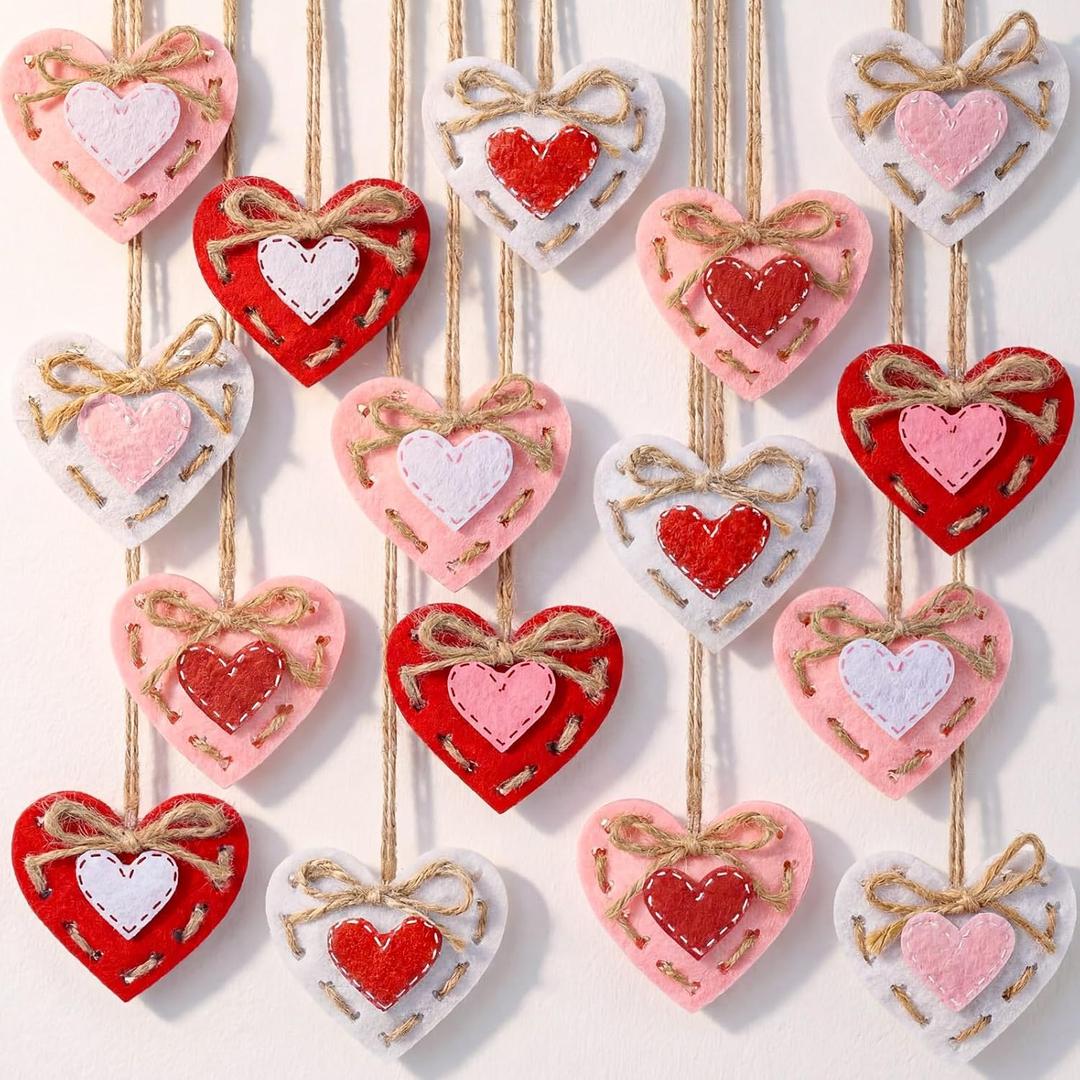 Mindsoft 24 Pcs Valentines Heart Ornaments 2.4 Inch Felt Heart Hanging Decorations for Tree Red Pink White Vase Filler for Valentines Anniversary Wedding Party DIY Crafts