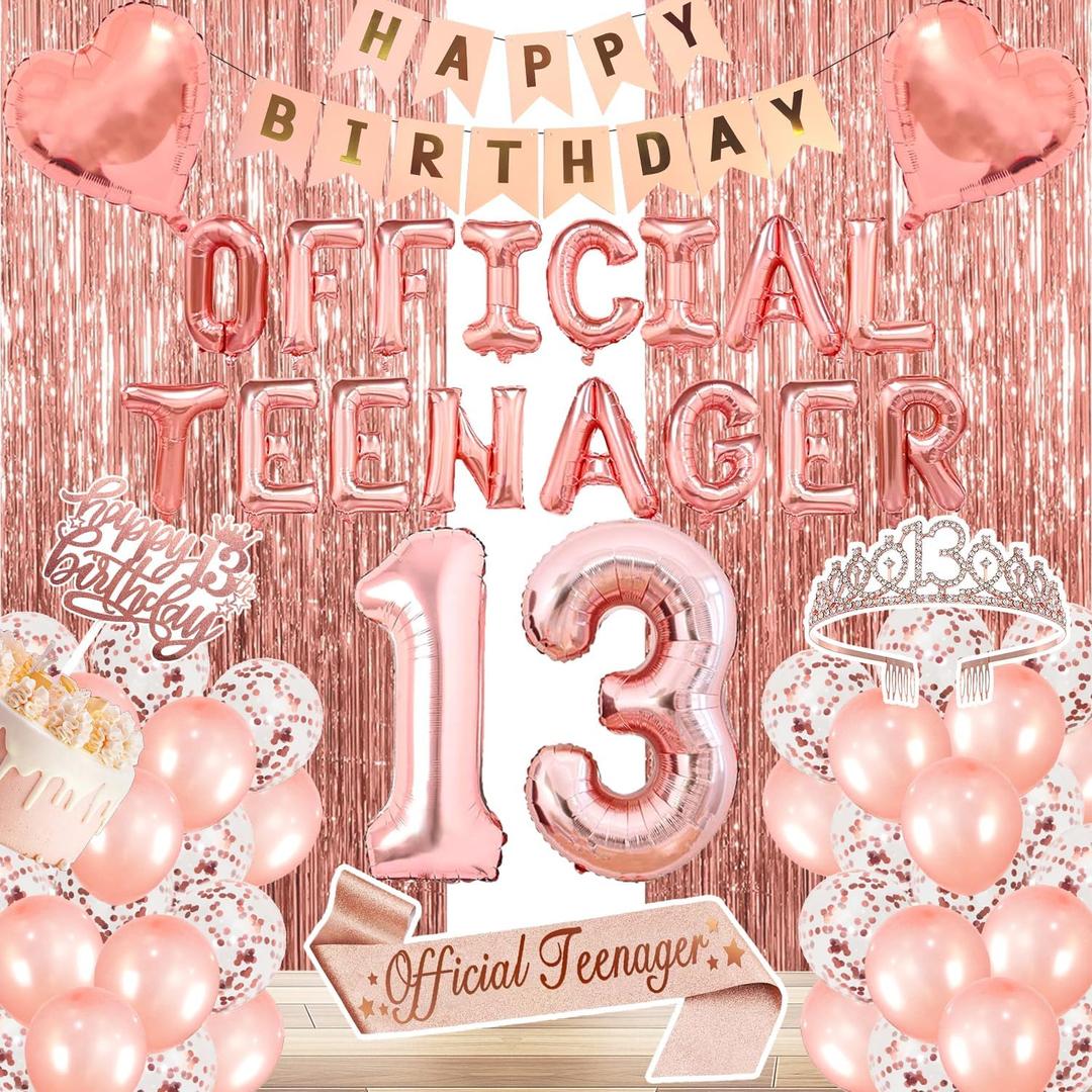 13th Birthday Decorations for Girls, Official Teenager Party Supplies Rose Gold Foil Balloons, Tiara Tassel Curtains Sash Balloons Numbers Banner Cake Topper for 13 Birthday Girl Decorations