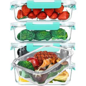 [5-Packs, 36 Oz.] Glass Meal Prep Containers with Locking Lids Glass Food Containers, Airtight Lunch Container, Microwave, Oven, Freezer and Dishwasher (4.5 Cup, Green)