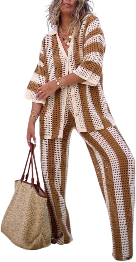 Women Cover Up Sets Button Up Tops with Pants Crochet Set Outfit 2 Piece Outfits Vacation Outfits (Large, Brown)