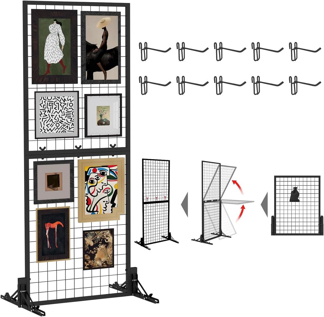 Mesh Wall Display Panel Heavy Duty Foldable, 2ft x 6ft Black Wire Wall Grid 1 Pack with 10 Hooks, Spring Load Pin (Flat Base) for Retail Display Stand, Supplier Showcase, Trr ade Exhibit