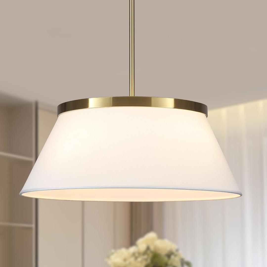 Modern Chandelier with White Fabric Shade Gold and Brass Finished Adjustable 4-Lights Pendant Lighting Fixture for Kitchen Island Dining Room and Restaurant