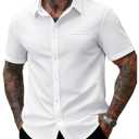 RoseSeek Men's Button Down Shirts Short Sleeve Collared Casual Blouses Summer Business Work Shirts White Large (White, L)