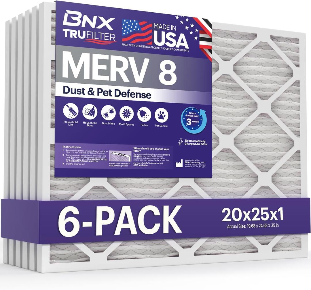 BNX TruFilter 20x25x1 Air Filter MERV 8 (6-Pack) - MADE IN USA  Dust & Pet Defense Electrostatic Pleated Air Conditioner HVAC AC Furnace Filters for Dust, Pet, Mold, Pollen MPR 600  700 & FPR 5
