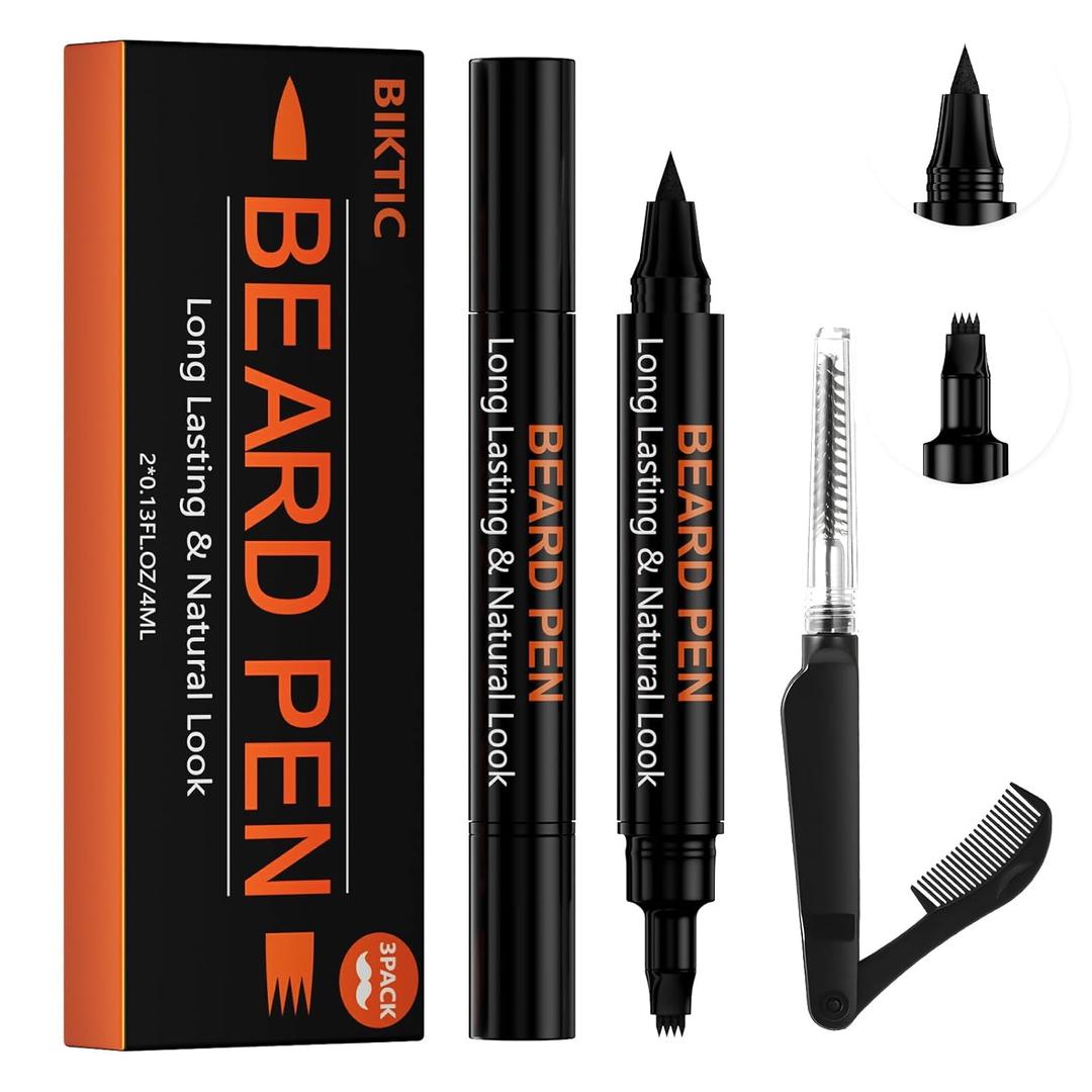 3-Pack Beard Pen Filler for Men, Waterproof & Sweat Proof Long-Lasting Beard Pen Kit with 2 Fillers & 1 Double-Headed Brush  Effectively Enhances Facial Hair (Black)