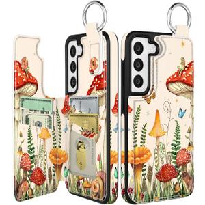 Shorogyt for Samsung S22 Plus Wallet Case with Card Holder - Cute Designer Mushroom Frog Pattern Kickstand Magnetic Clasp Back Flip Folio Leather Phone Cases for Women Men Girls for Galaxy S22 Plus