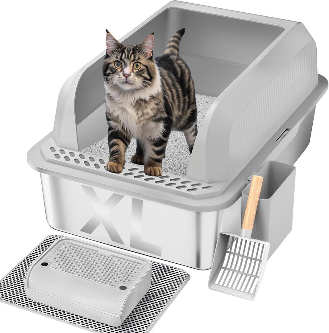 Stainless Steel Cat Litter Box with Lid, XL Large Litter Box for Big Cats, Enclosed Kitty Litter Pan with High Sides, Anti-Leakage & Non-Stick, Easy to Clean, Included Scoop, Aisle and Mat (Gray)