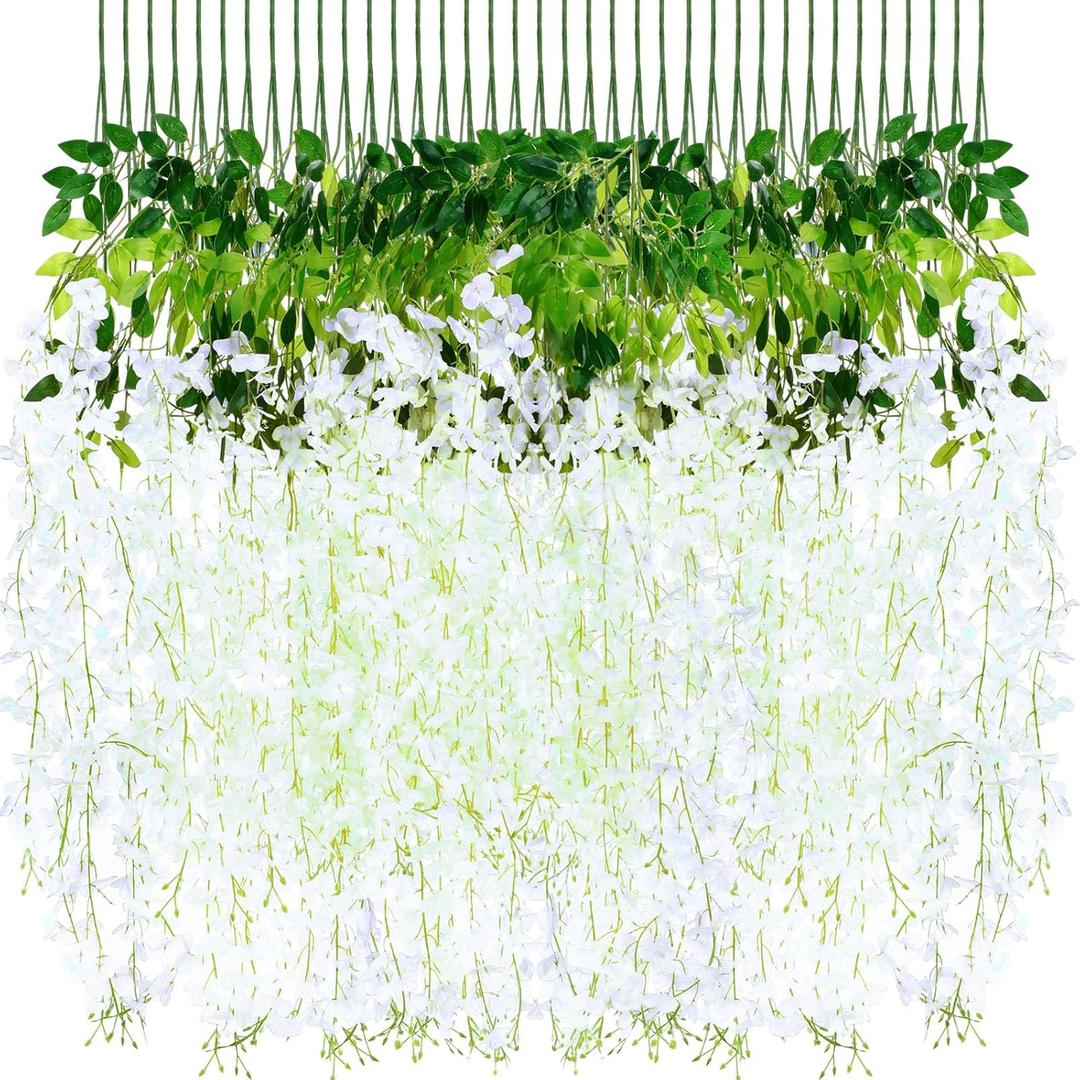 Riceshoot 240 Pcs Wedding Artificial Wisteria Hanging Flowers Floral Backdrop Garland 43.3 in/ 3.6 ft Silk Fake Wisteria Vine Rattan Long Wall String for Home Outdoor Party Decoration(Pure White)