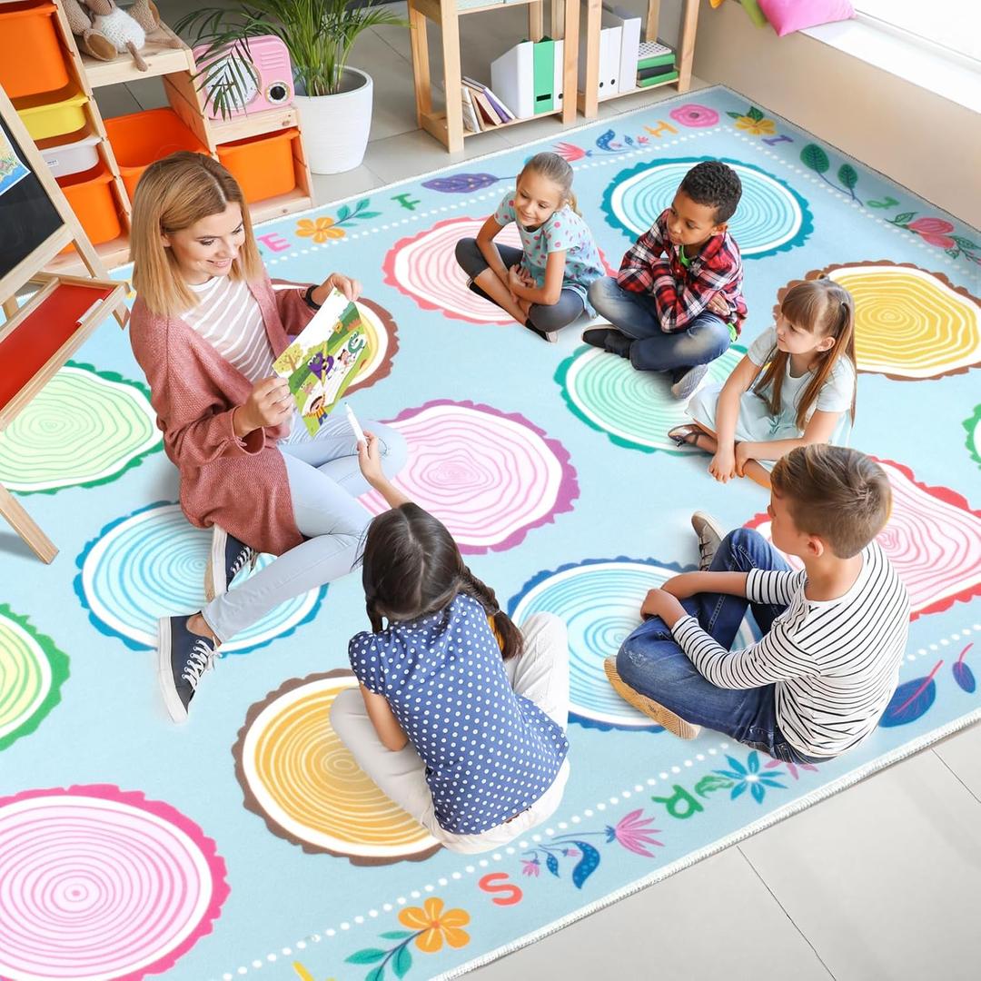 Classroom Rug 7.6x12 Ft Large Rug for Classroom Elementary, Seating Dcor Play Carpet for Playing and Learning, Fit for Various Classroom Theme (Light Blue)