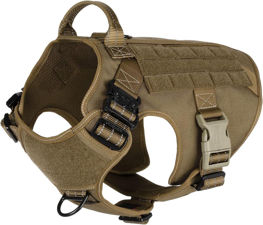 ICEFANG Tactical Dog Harness,Large Size, 2X Metal Buckle,Working Dog MOLLE Vest with Handle,No Pulling Front Leash Clip,Hook and Loop Panel (Large (Pack of 1), Brown)