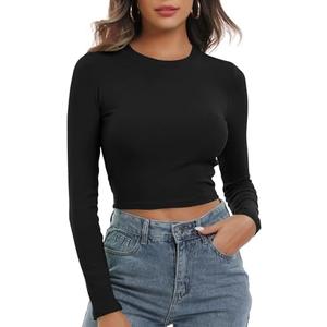 Artfish Women's Round Neck Long Sleeve Knit Ribbed Fitted Crop Top Casual Basic Shirts S