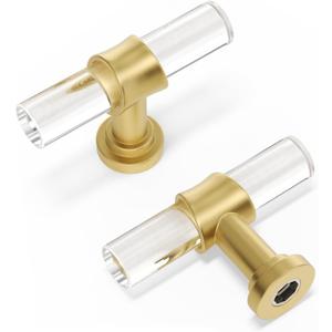 Peaha 10 Pack Cabinet Knobs T Shape Acrylic Drawer Knob Gold Decorative Hardware for Dresser Cupboards (Single Hole)