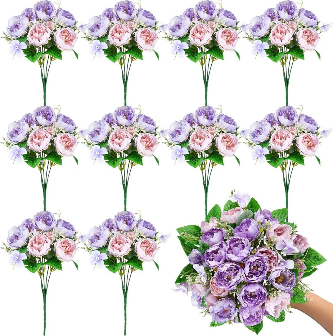 Olgaa 12 Bundles Peonies Artificial Flowers Fake Peony Bouquet Faux Peonies Flowers Bulk with Stems Flower Balls for Centerpiece Table Decorations Wedding Bridal Floral Arrangement (Purple)