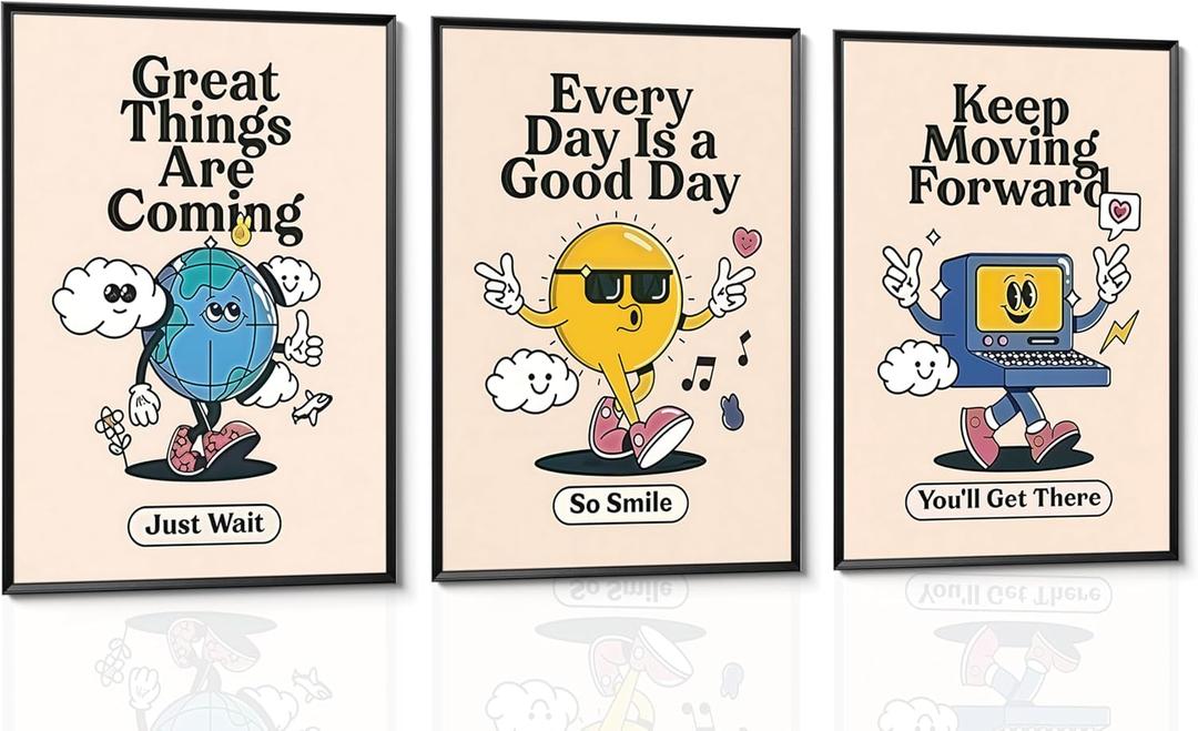 3Pcs Vivid Retro Wall Art Canvas Motivational Posters Aesthetic Prints Colorful Pictures Paintings Cool Cartoon Wall Decor Funky Inspirational Decoration for Home Bedroom Living Room Office Unframed