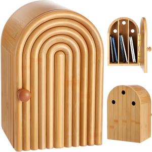 Phone Box 10.2" x 6.7" x 5.9" for Family Time Bamboo Jail 3 Sections Hold 6 Phones with Charging Holes Wood Holder Self Discipline Box Help Kid Adult Focus Back Avoid Addiction(Door-Shaped)