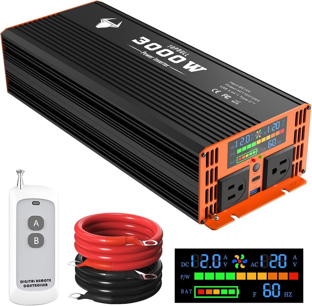 3000 Watt Power Inverter 12V DC to 120V/110V AC for Vehicles RV, Truck, Solar, Home, Off-Grid Car Converter Surge 6000W with 2 AC Outlet, USB-A Port, LCD Display, Remote Control and Cable Included