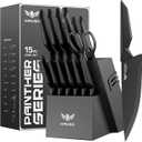 Kitchen Knife Set with Block: 15-Piece High Carbon Stainless Steel Professional Knives - Comfortable Grip Reduces Hand Fatigue 30% - Dishwasher Safe and Sharpener - Black Knife Set for Cooking