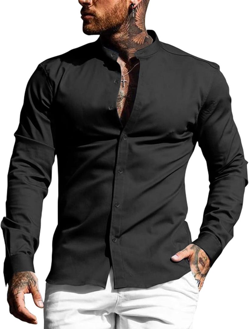URRU Men's Muscle Dress Shirts Slim Fit Stretch Banded Collar Long&Short Sleeve Casual Button Down Shirt (XX-Large)