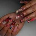 Cherry Press on Nails Long Square Fake Nails Flower False Nail with Design Red Ombre Glue on Nails Glossy Full Cover Artificial Acrylic Stick on Nail for Women Manicure 24Pcs