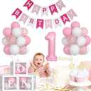 Yumiche Baby Girl First Birthday Decorations-Pastel Pink White Balloons, 40 Inch Pink 1 Balloons, Happy Birthday Banner One Balloon Boxes For 1 Year Old Girl BD Decorations