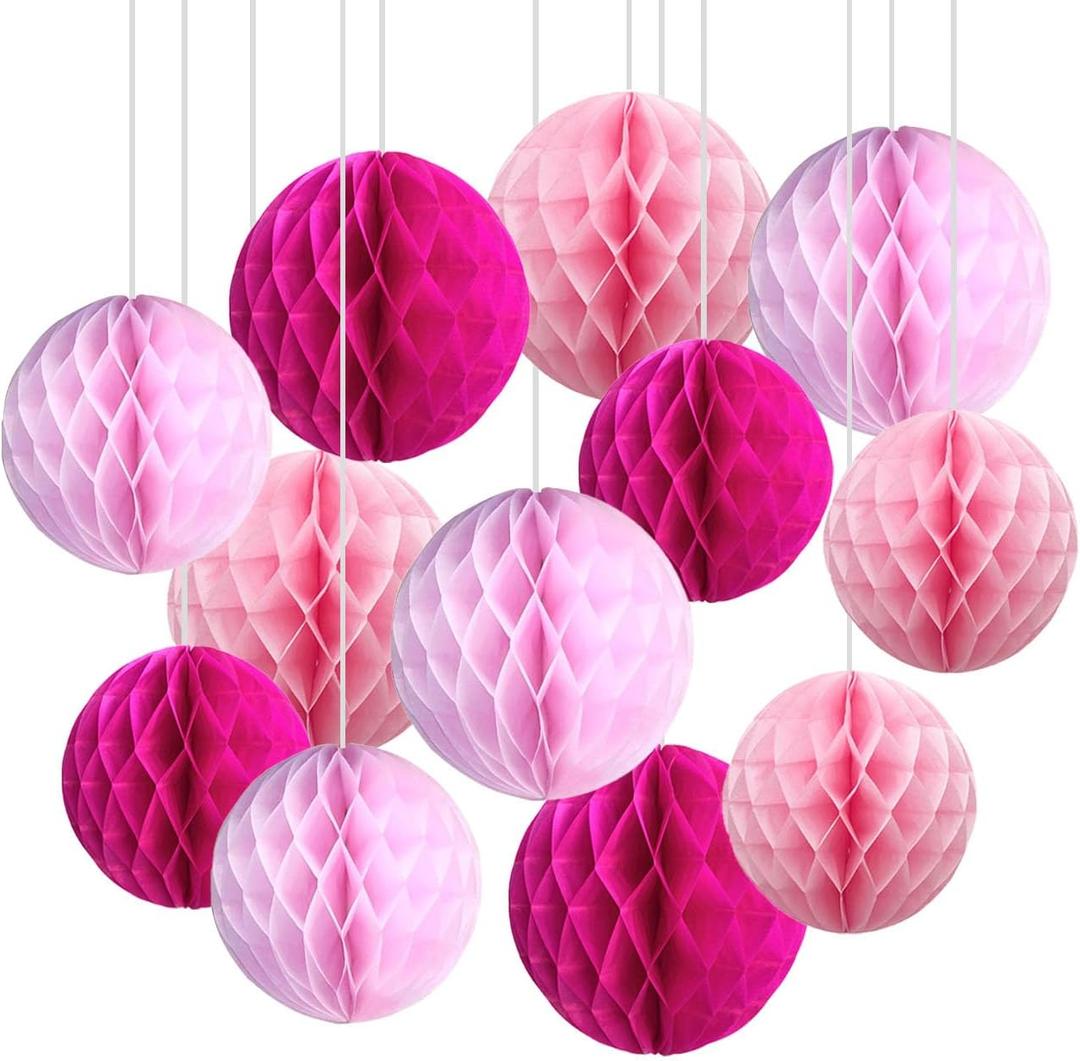 CC wonderland zone 12pcs Pink Paper Honeycomb Balls,Hanging Tissue Pom poms for Baby Shower Wedding Valentine's Day Engagement Birthday Party Decorations
