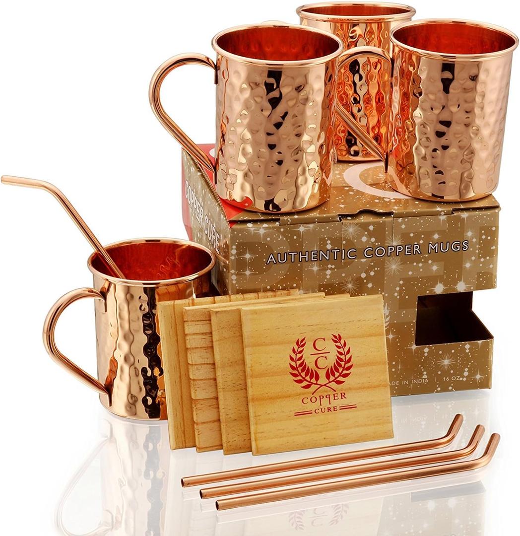 Gift Set Pure Copper Hammered Mugs with Copper Straws & Wooden Coasters Set of 4 - PREMIUM QUALITY -16 Oz Copper Mug - 100% Handcrafted - A Gift Pack For Your Loved Ones 