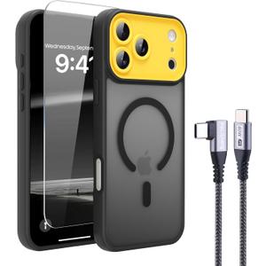 4 x 4 in 1 Magnetic for iPhone 17 Pro Max Case [with 1X Screen Protector, Braided Cable, Removable Lens Case] [Mil-Grade Drop Protection] Shockproof Slim Translucent Matte Protective Phone Case, Black
