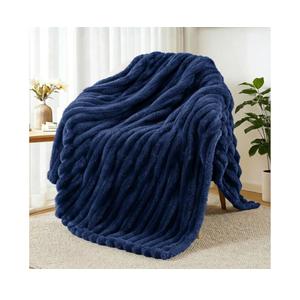 Exclusivo Mezcla Fleece Throw Blanket for Couch, Super Soft Striped Jacquard Bed Blanket, Lightweight Fuzzy Cozy for All Seasons, 50x60 Inches, Navy Blue