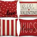 AnyDesign Valentine's Day Pillow Covers Red White Sweet Love Throw Pillow Case 20 x 20inch Hearts Stripes Love Cushion Cover for Home Couch Sofa Wedding Anniversary Decoration, Set of 4