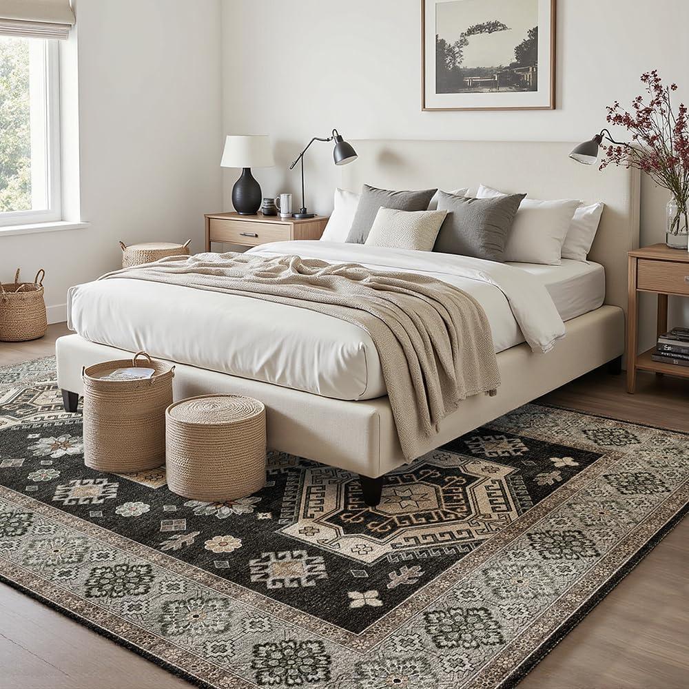 8x10 Area Rugs Black and White Washable Rug for Living Room, Dining Room, Bedroom, Large Carpets, Non Slip & Non-Shedding Low Pile Vintage Print Rug for Home Office Decor